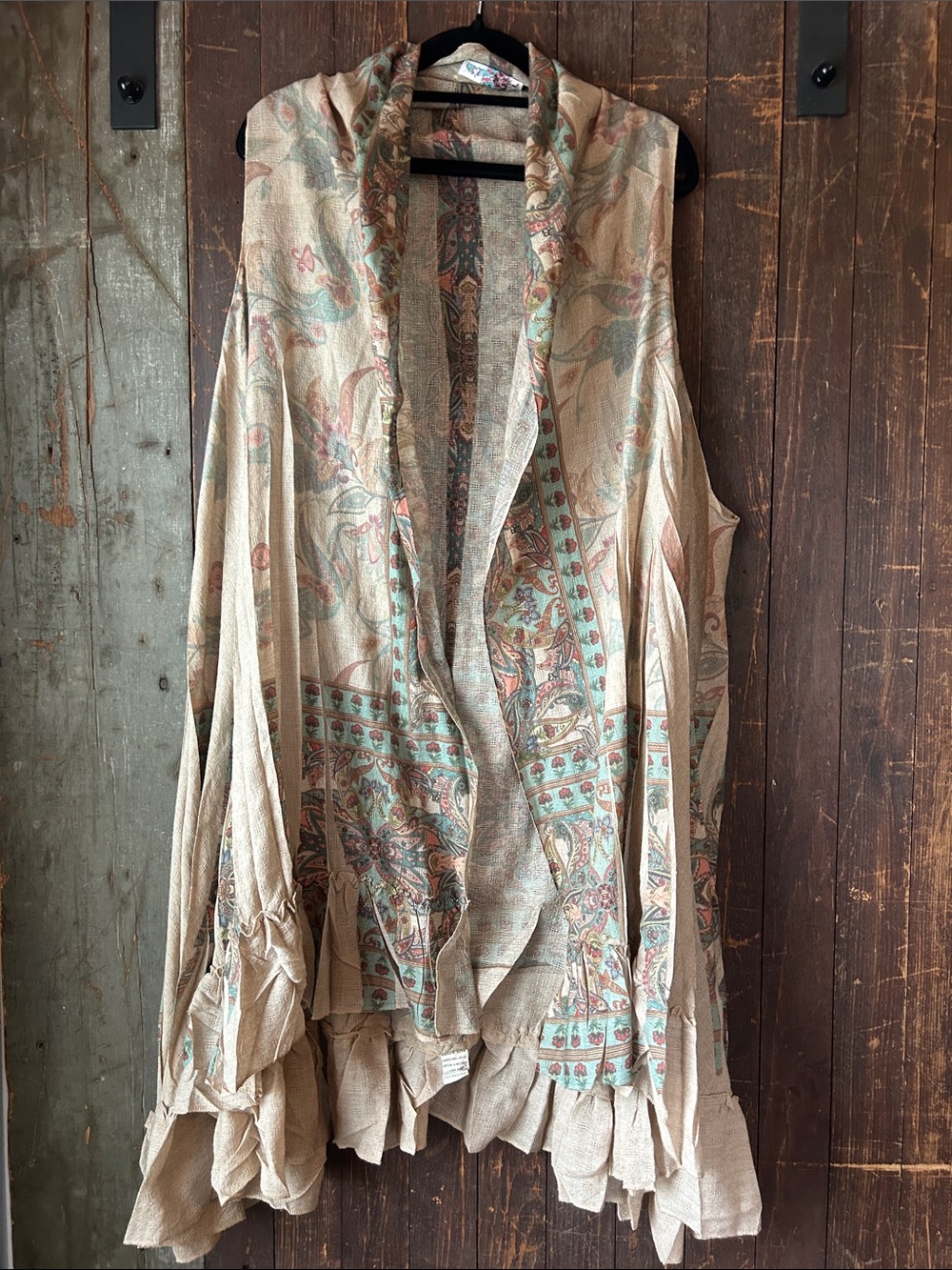Bohemian Open-Front Floral Tunic Vest in Beige and Sage